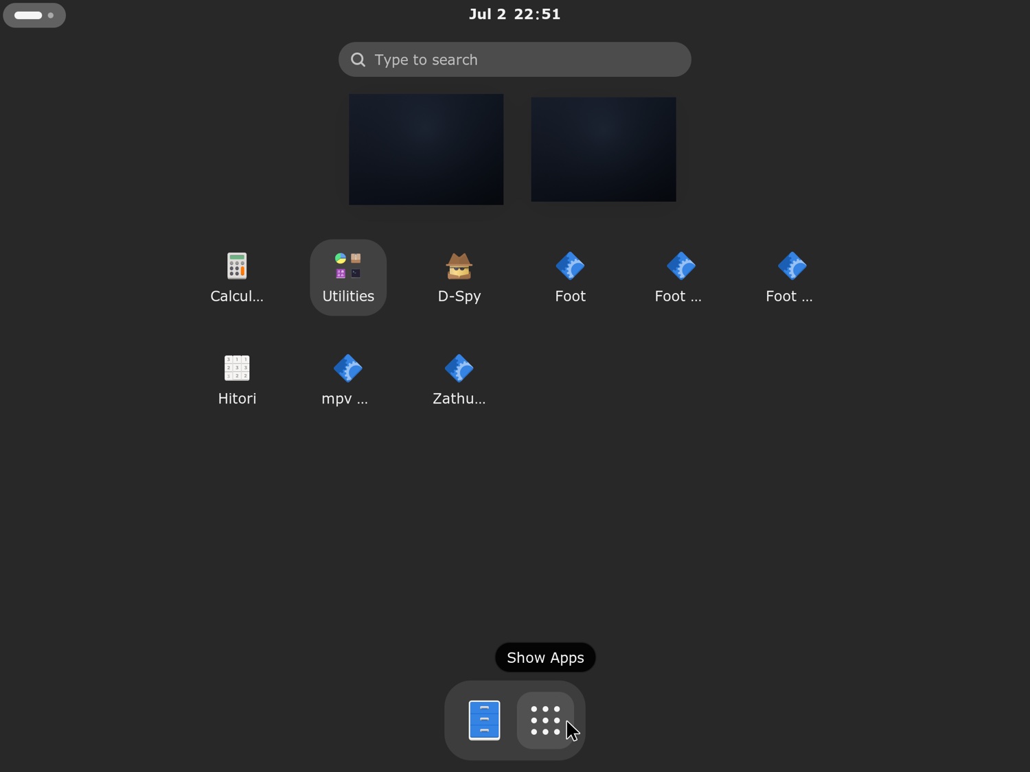 GNOME Shell 46 on the iPad showing the activities overview with two workspaces and an app grid: Calculator, Utilities, Foot, Hitori, mpv, Zathura.