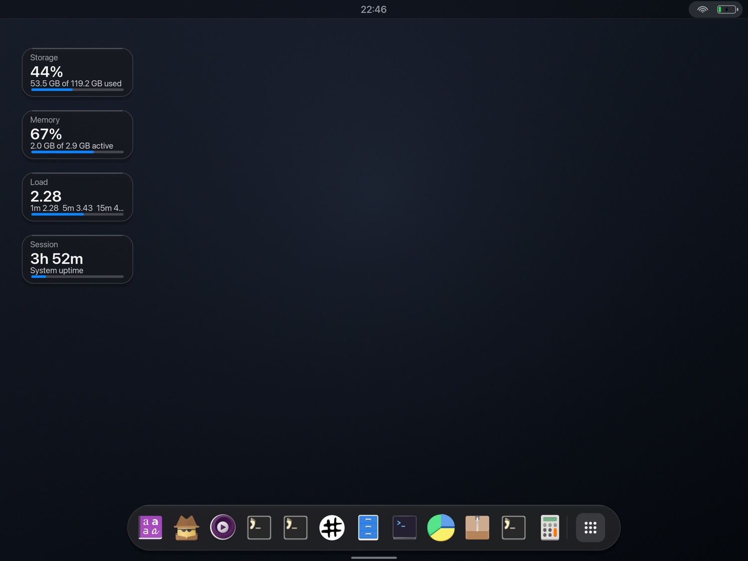 The iosc desktop on the iPad: a top status bar, storage, memory, load and uptime widgets, and a dock of app icons.