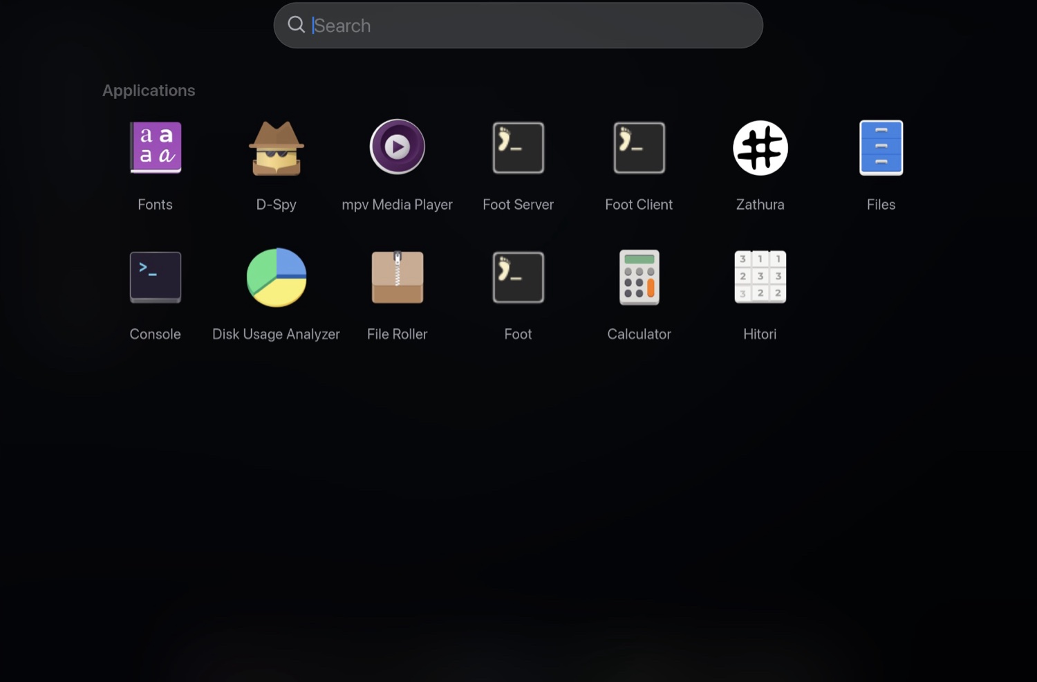 The app launcher showing installed apps: Fonts, D-Spy, mpv Media Player, Foot Server, Foot Client, Zathura, Files, Console, Disk Usage Analyzer, File Roller, Foot, Calculator and Hitori.